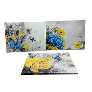 Set Of 3 Floral Canvas Wall Art Blue Yellow Flowers Butterflies rectangle READ